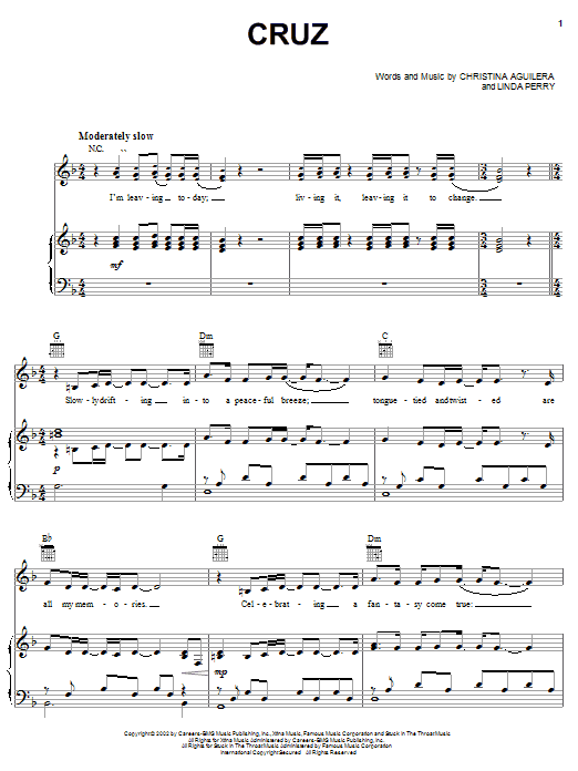 Christina Aguilera Cruz Sheet Music Notes & Chords for Piano, Vocal & Guitar (Right-Hand Melody) - Download or Print PDF