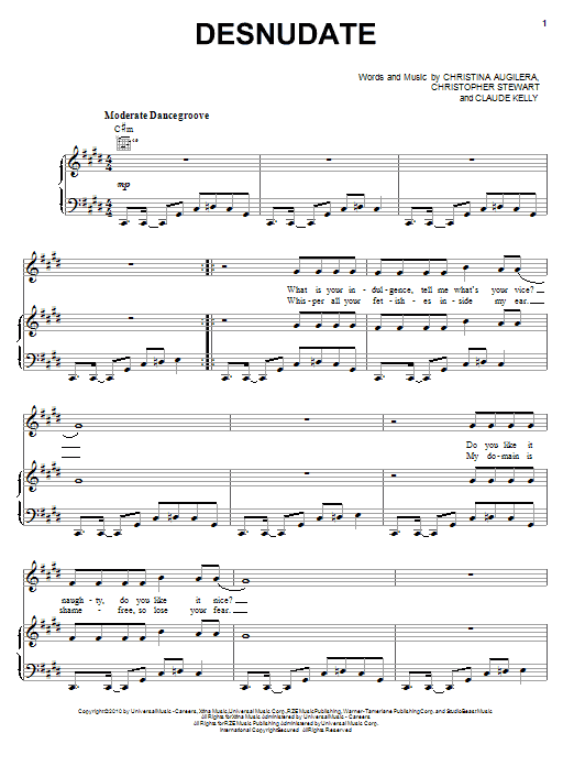 Christina Aguilera Desnudate Sheet Music Notes & Chords for Piano, Vocal & Guitar (Right-Hand Melody) - Download or Print PDF