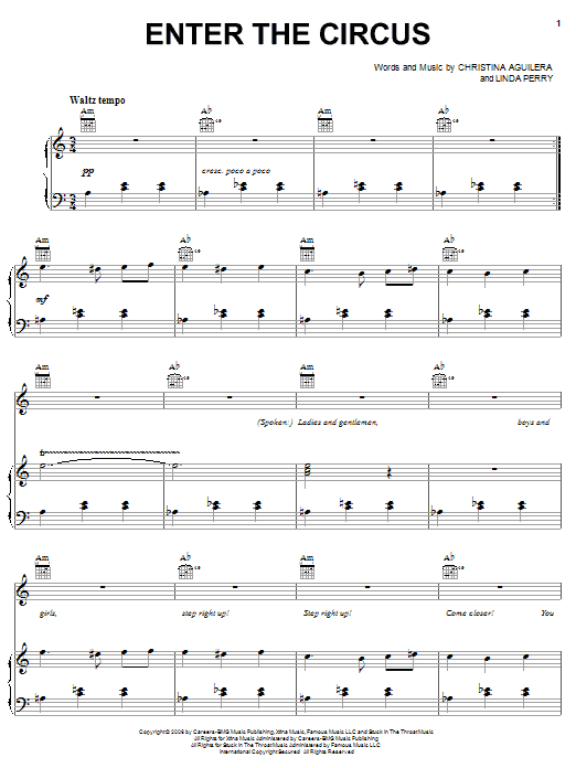 Christina Aguilera Enter The Circus Sheet Music Notes & Chords for Piano, Vocal & Guitar (Right-Hand Melody) - Download or Print PDF