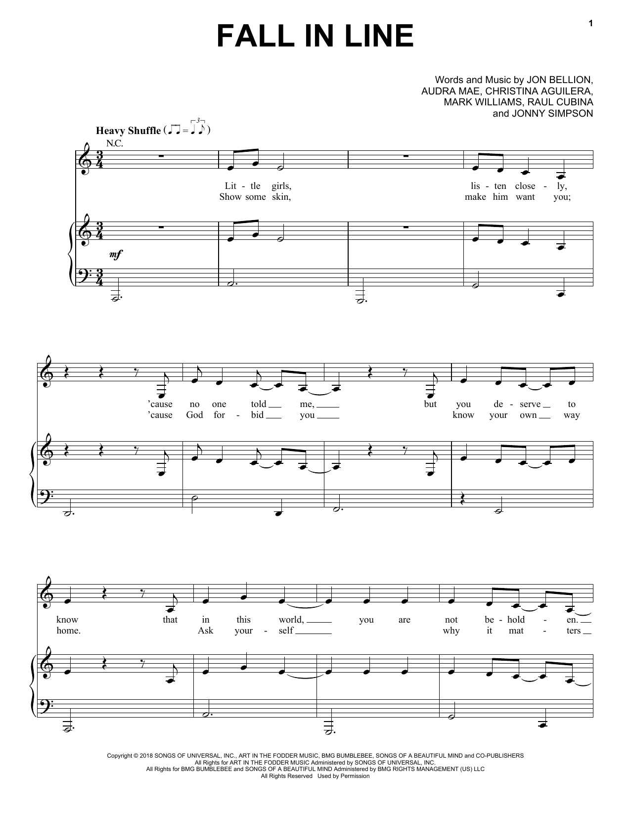 Christina Aguilera feat. Demi Lovato Fall In Line Sheet Music Notes & Chords for Piano, Vocal & Guitar (Right-Hand Melody) - Download or Print PDF