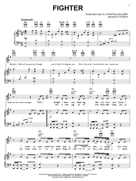 Christina Aguilera Fighter Sheet Music Notes & Chords for Guitar Chords/Lyrics - Download or Print PDF
