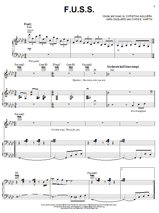 Christina Aguilera F.U.S.S. Sheet Music Notes & Chords for Piano, Vocal & Guitar (Right-Hand Melody) - Download or Print PDF