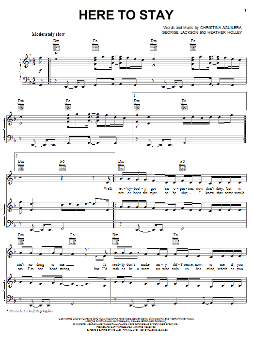 Christina Aguilera Here To Stay Sheet Music Notes & Chords for Piano, Vocal & Guitar (Right-Hand Melody) - Download or Print PDF