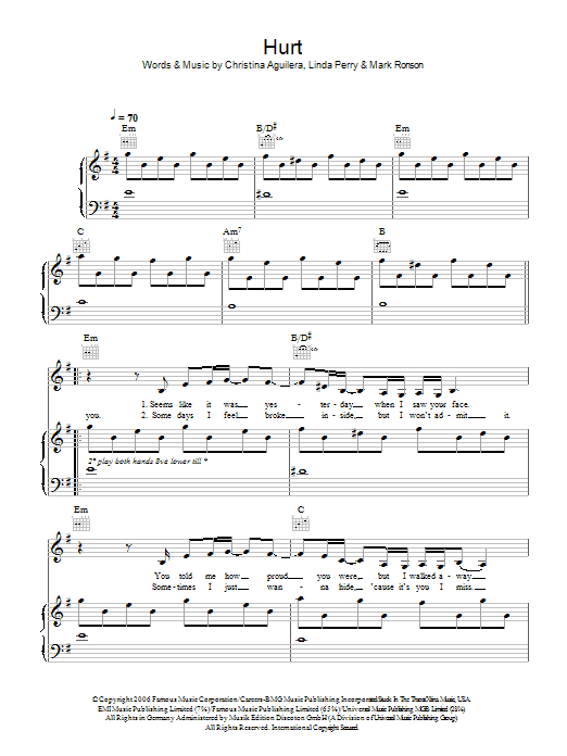 Christina Aguilera Hurt Sheet Music Notes & Chords for Piano, Vocal & Guitar - Download or Print PDF