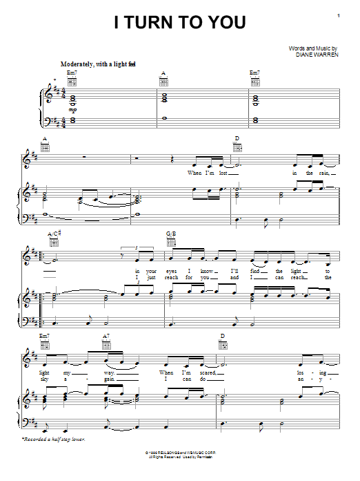 Christina Aguilera I Turn To You Sheet Music Notes & Chords for Piano, Vocal & Guitar Chords (Right-Hand Melody) - Download or Print PDF