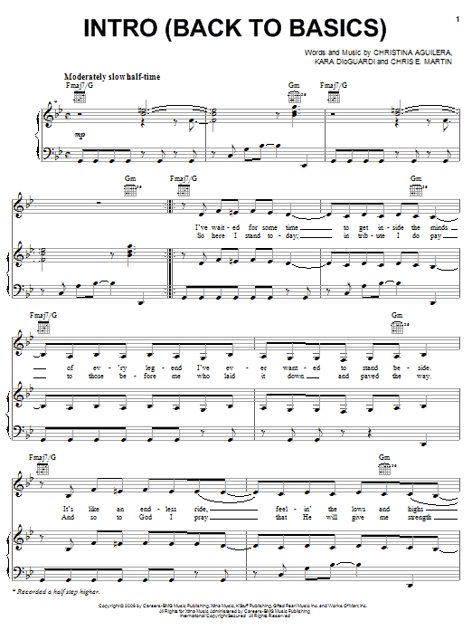 Christina Aguilera Intro (Back To Basics) Sheet Music Notes & Chords for Piano, Vocal & Guitar (Right-Hand Melody) - Download or Print PDF