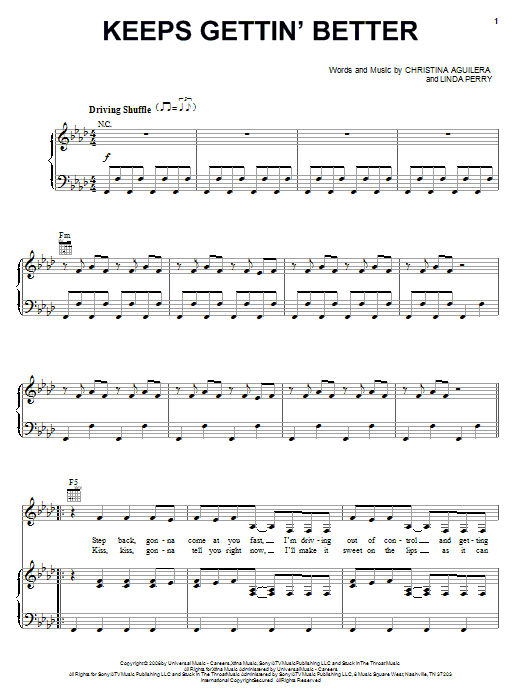 Christina Aguilera Keeps Gettin' Better Sheet Music Notes & Chords for Piano, Vocal & Guitar (Right-Hand Melody) - Download or Print PDF