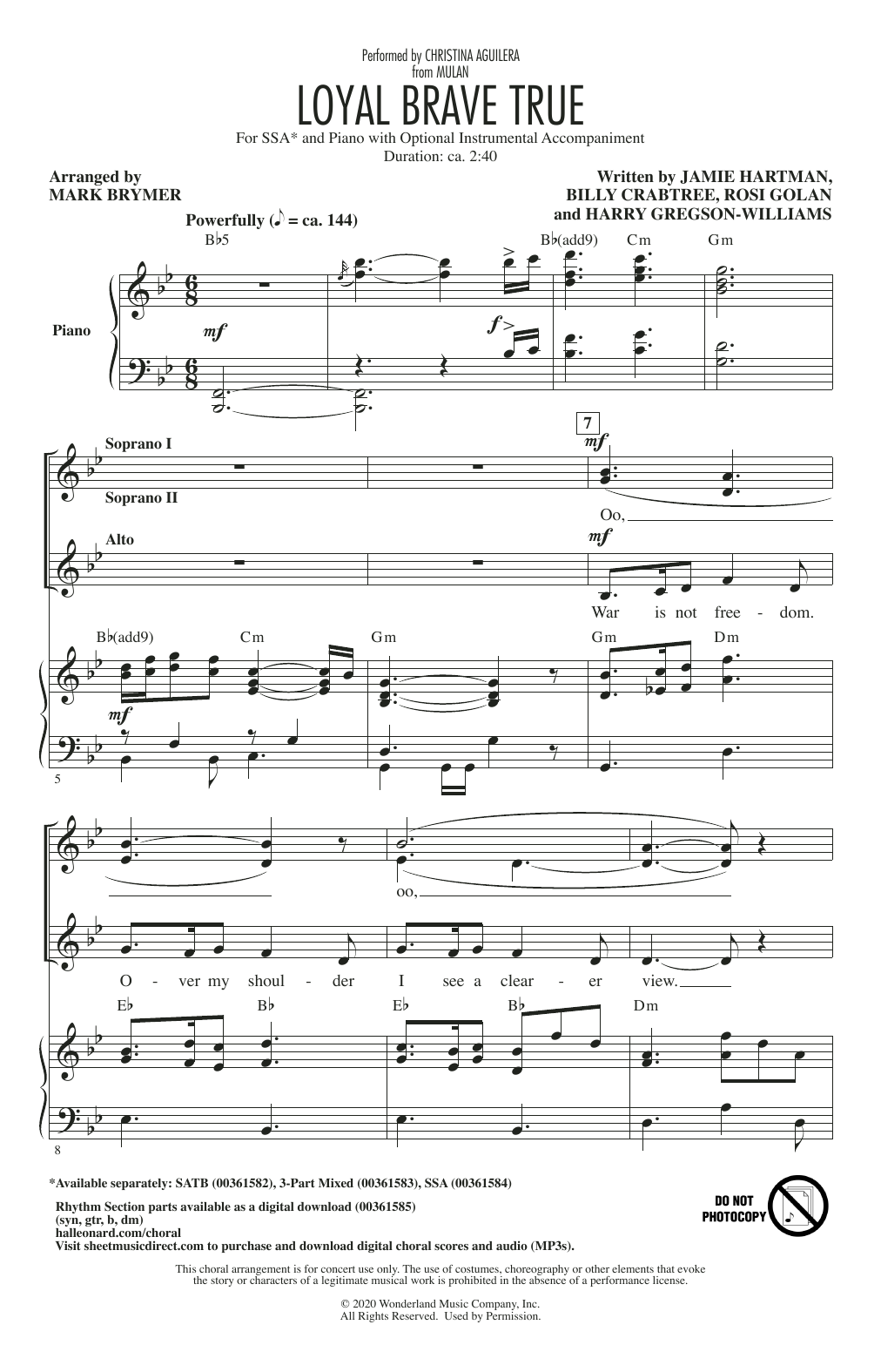 Christina Aguilera Loyal Brave True (from Mulan) (arr. Mark Brymer) Sheet Music Notes & Chords for SSA Choir - Download or Print PDF