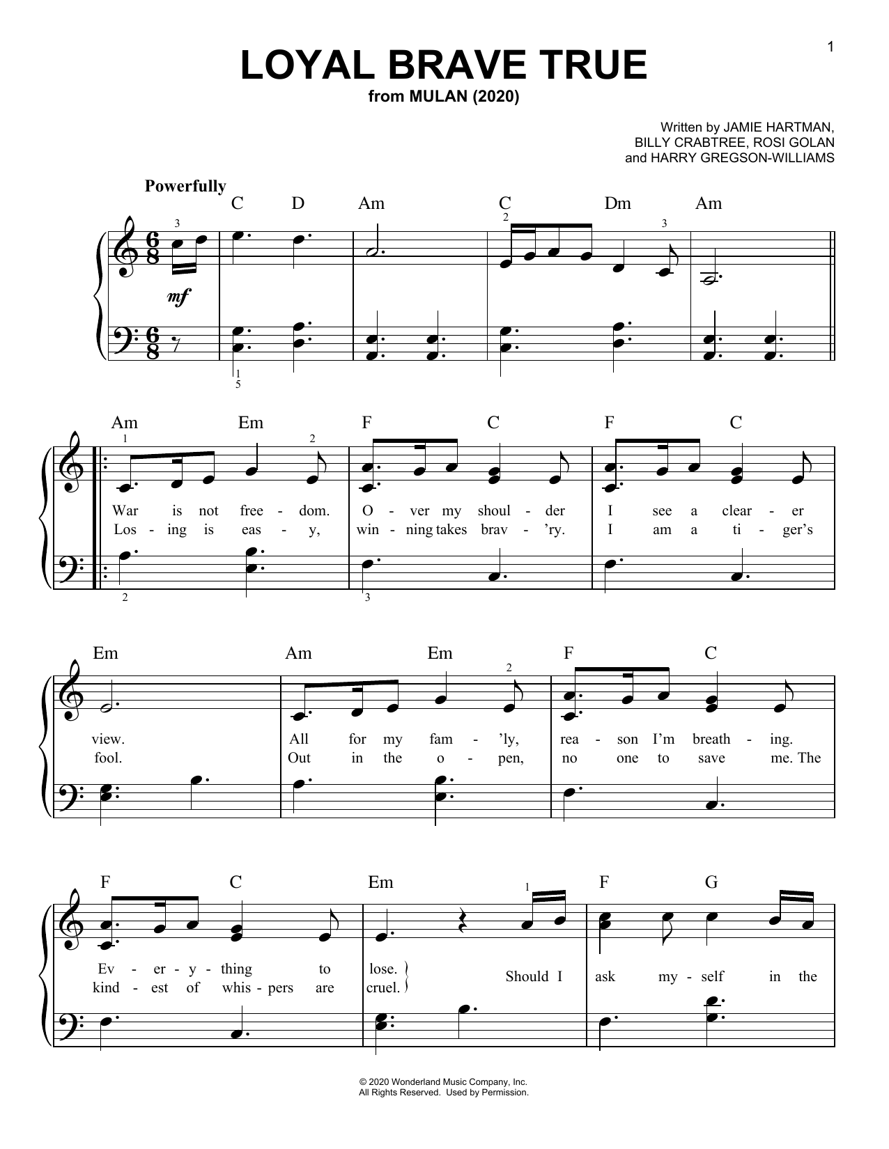 Christina Aguilera Loyal Brave True (from Mulan) Sheet Music Notes & Chords for Piano, Vocal & Guitar (Right-Hand Melody) - Download or Print PDF