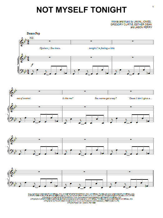 Christina Aguilera Not Myself Tonight Sheet Music Notes & Chords for Piano, Vocal & Guitar (Right-Hand Melody) - Download or Print PDF