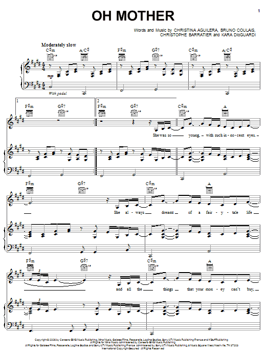 Christina Aguilera Oh Mother Sheet Music Notes & Chords for Piano, Vocal & Guitar (Right-Hand Melody) - Download or Print PDF
