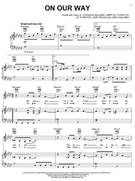 Christina Aguilera On Our Way Sheet Music Notes & Chords for Piano, Vocal & Guitar (Right-Hand Melody) - Download or Print PDF