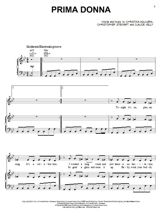 Christina Aguilera Prima Donna Sheet Music Notes & Chords for Piano, Vocal & Guitar (Right-Hand Melody) - Download or Print PDF