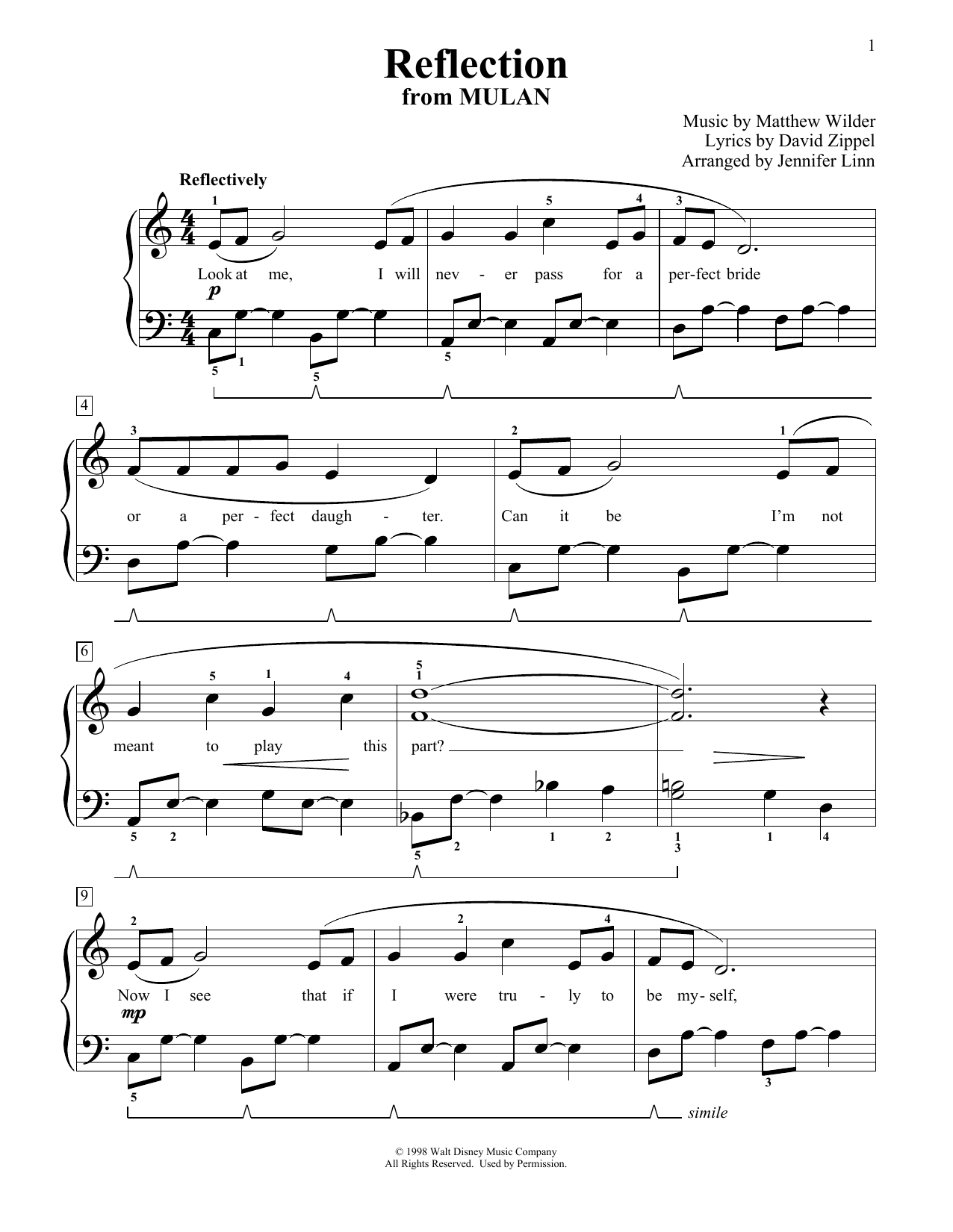 Christina Aguilera Reflection (from Mulan) (arr. Jennifer Linn) Sheet Music Notes & Chords for Educational Piano - Download or Print PDF