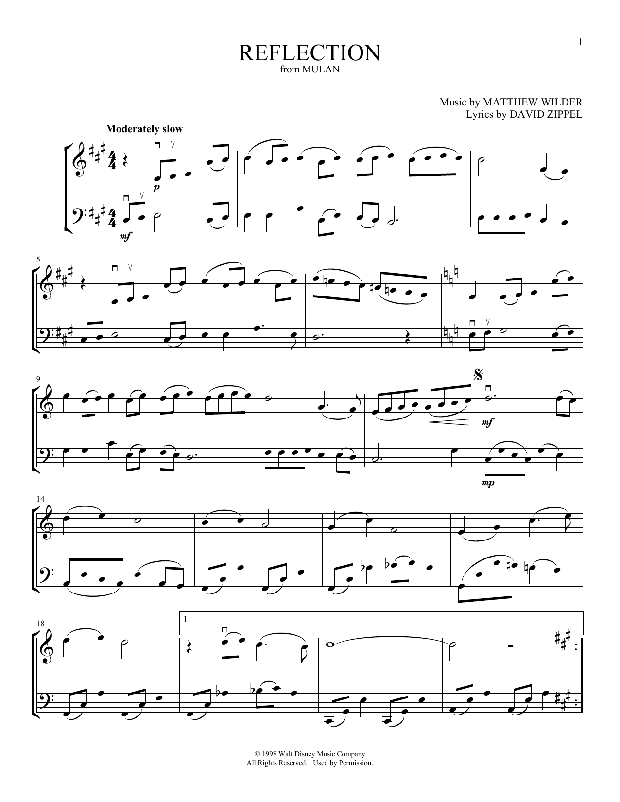 Christina Aguilera Reflection (from Mulan) (arr. Michelle Hynson) Sheet Music Notes & Chords for Instrumental Duet - Download or Print PDF