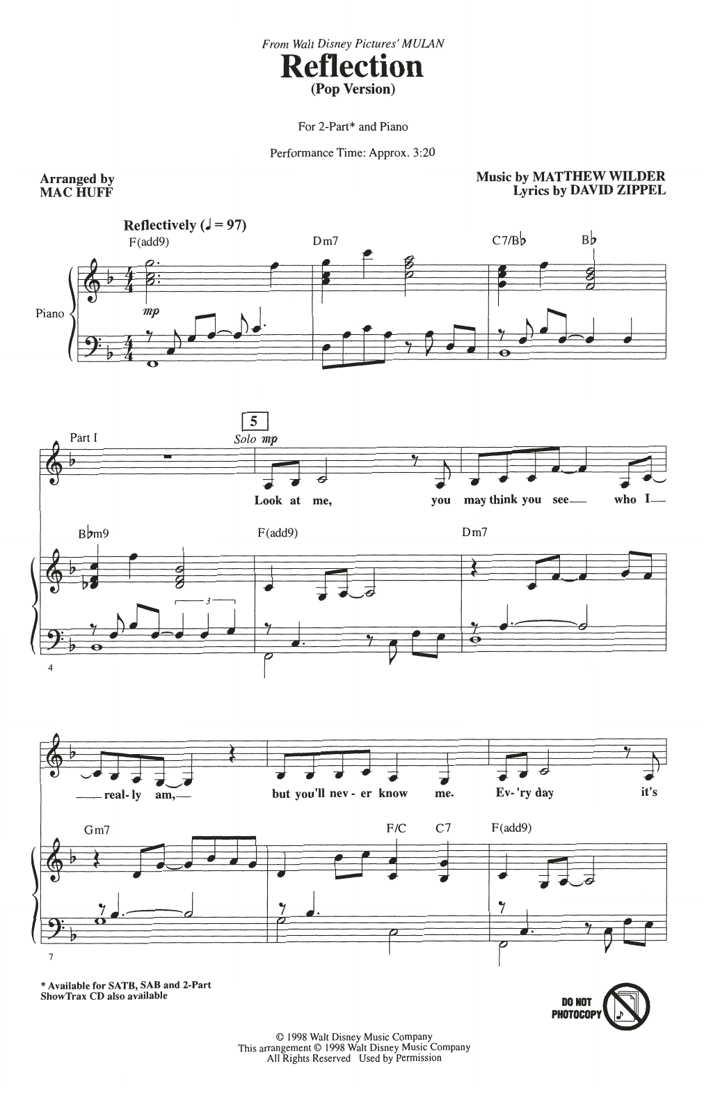 Christina Aguilera Reflection (Pop Version) (from Mulan) (arr. Mac Huff) Sheet Music Notes & Chords for SSA Choir - Download or Print PDF
