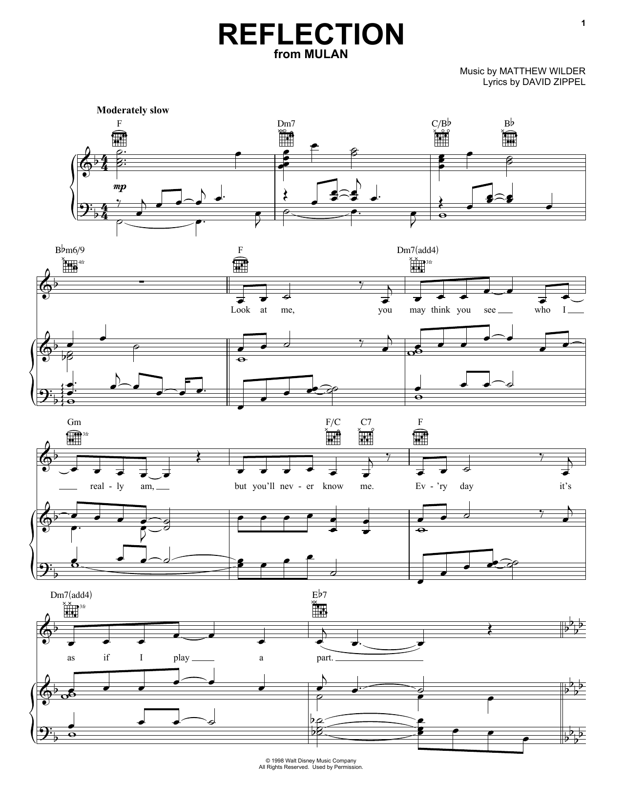 Christina Aguilera Reflection (Pop Version) (from Mulan) Sheet Music Notes & Chords for Piano (Big Notes) - Download or Print PDF