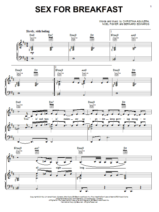 Christina Aguilera Sex For Breakfast Sheet Music Notes & Chords for Piano, Vocal & Guitar (Right-Hand Melody) - Download or Print PDF