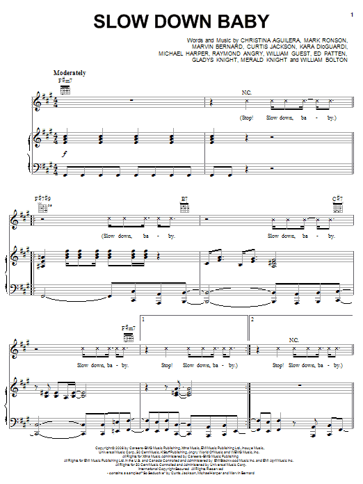 Christina Aguilera Slow Down Baby Sheet Music Notes & Chords for Piano, Vocal & Guitar (Right-Hand Melody) - Download or Print PDF