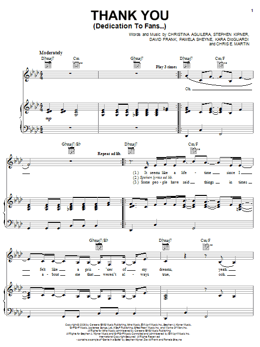 Christina Aguilera Thank You (Dedication To Fans...) Sheet Music Notes & Chords for Piano, Vocal & Guitar (Right-Hand Melody) - Download or Print PDF