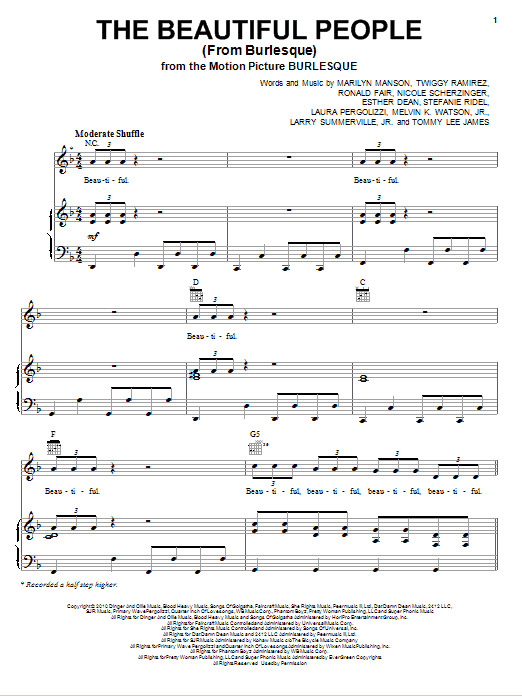 Christina Aguilera The Beautiful People (from Burlesque) Sheet Music Notes & Chords for Piano, Vocal & Guitar (Right-Hand Melody) - Download or Print PDF