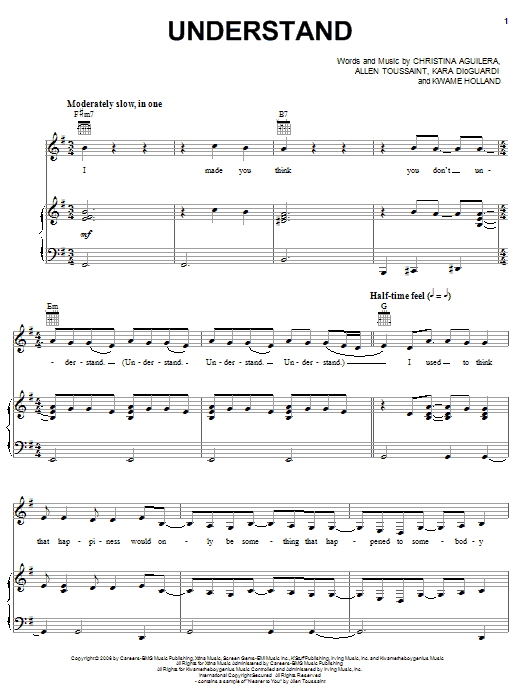Christina Aguilera Understand Sheet Music Notes & Chords for Piano, Vocal & Guitar (Right-Hand Melody) - Download or Print PDF