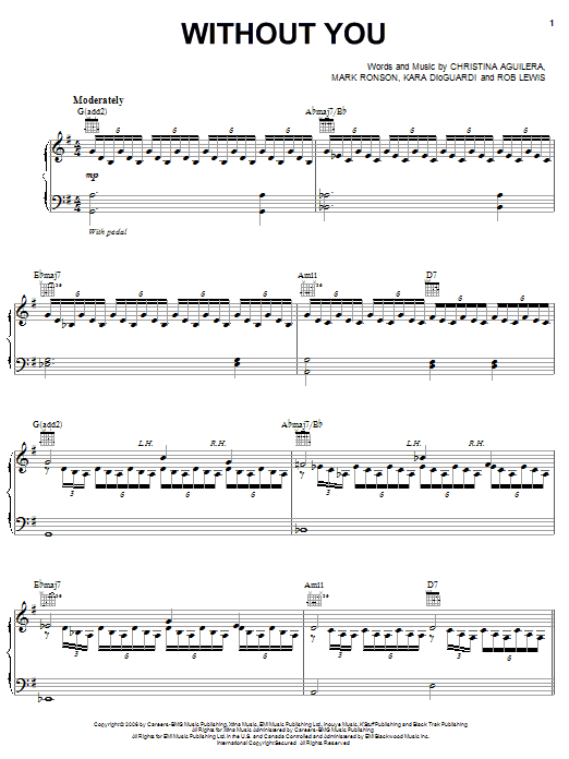 Christina Aguilera Without You Sheet Music Notes & Chords for Piano, Vocal & Guitar (Right-Hand Melody) - Download or Print PDF