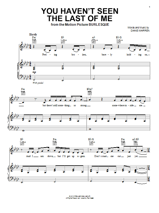 Christina Aguilera You Haven't Seen The Last Of Me Sheet Music Notes & Chords for Piano, Vocal & Guitar (Right-Hand Melody) - Download or Print PDF