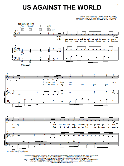 Christina Milian Us Against The World Sheet Music Notes & Chords for Piano, Vocal & Guitar (Right-Hand Melody) - Download or Print PDF