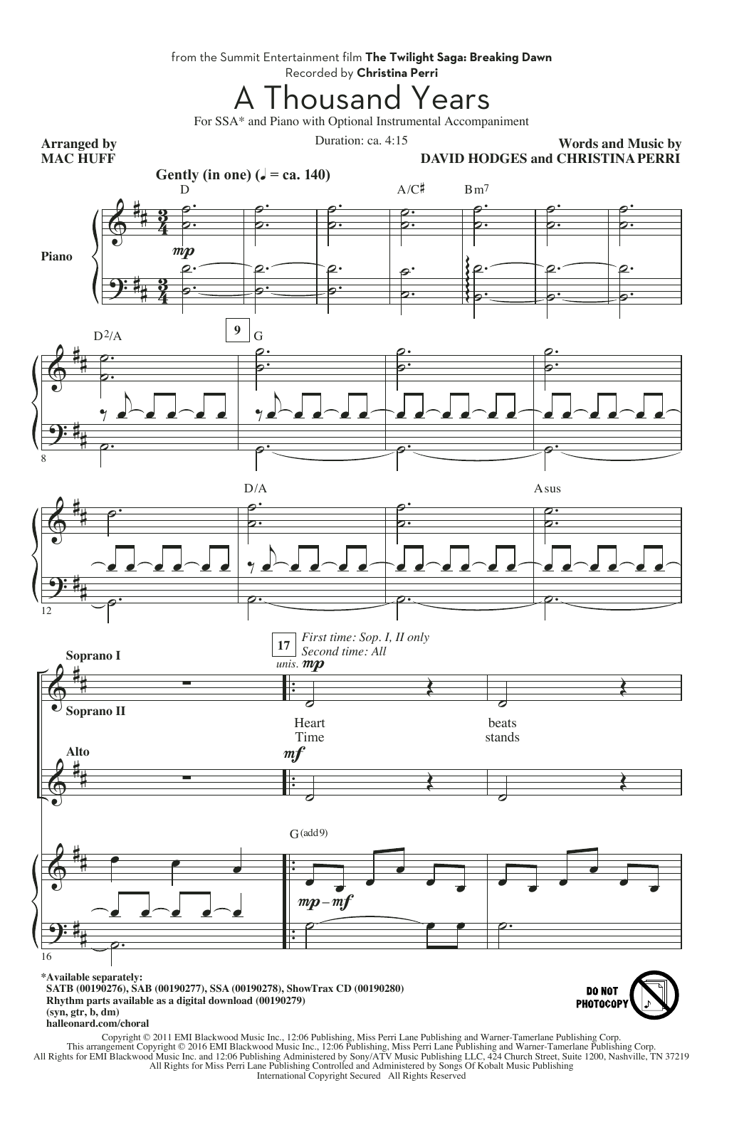 Christina Perri A Thousand Years (arr. Mac Huff) Sheet Music Notes & Chords for SSA - Download or Print PDF