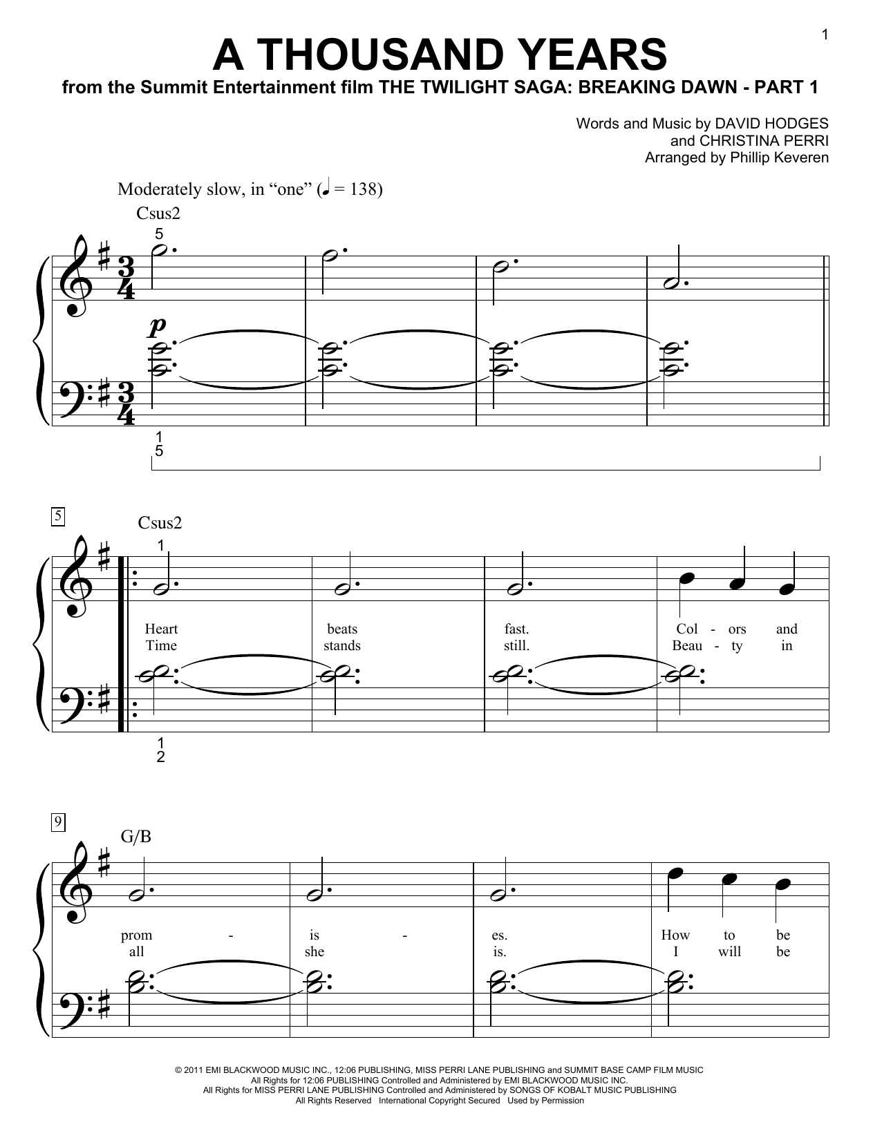 Phillip Keveren A Thousand Years Sheet Music Notes & Chords for Piano (Big Notes) - Download or Print PDF
