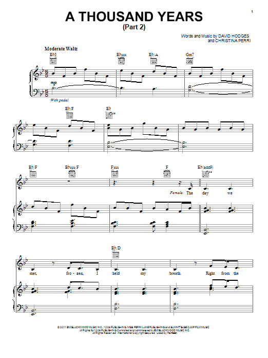 Christina Perri A Thousand Years (Part 2) Sheet Music Notes & Chords for Piano, Vocal & Guitar (Right-Hand Melody) - Download or Print PDF