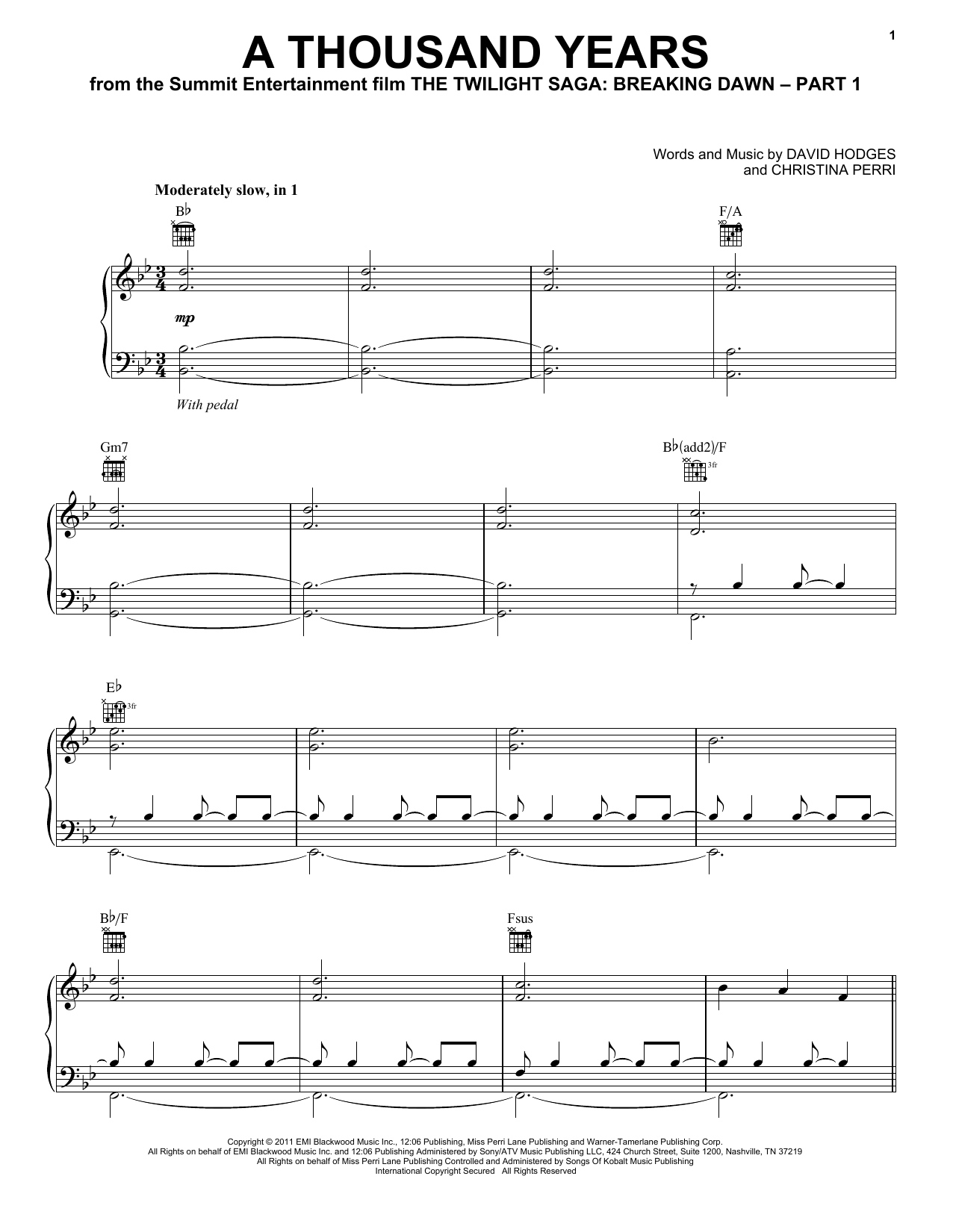 Christina Perri A Thousand Years Sheet Music Notes & Chords for Piano, Vocal & Guitar (Right-Hand Melody) - Download or Print PDF