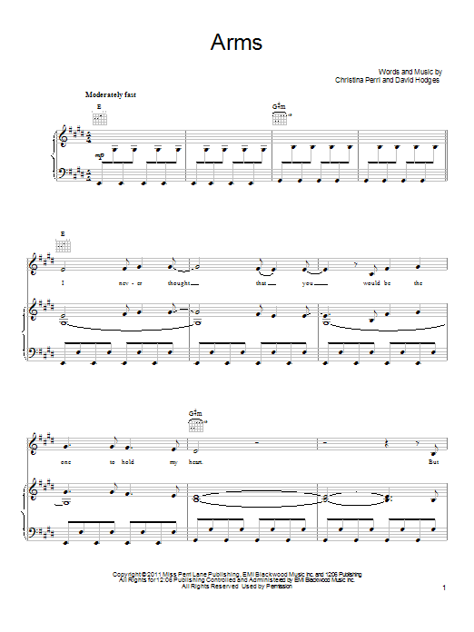 Christina Perri Arms Sheet Music Notes & Chords for Piano, Vocal & Guitar (Right-Hand Melody) - Download or Print PDF