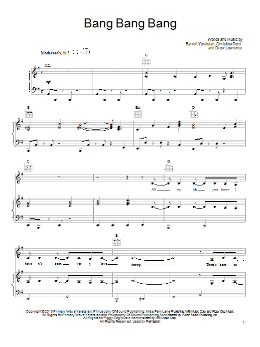 Christina Perri Bang Bang Bang Sheet Music Notes & Chords for Piano, Vocal & Guitar (Right-Hand Melody) - Download or Print PDF