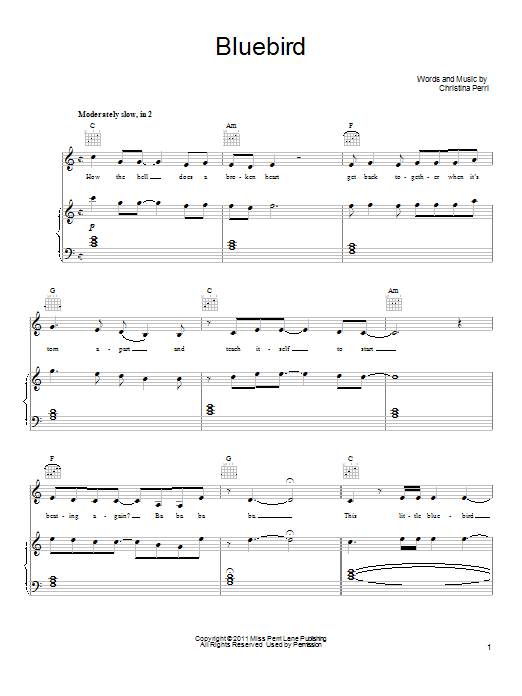 Christina Perri Bluebird Sheet Music Notes & Chords for Piano, Vocal & Guitar (Right-Hand Melody) - Download or Print PDF