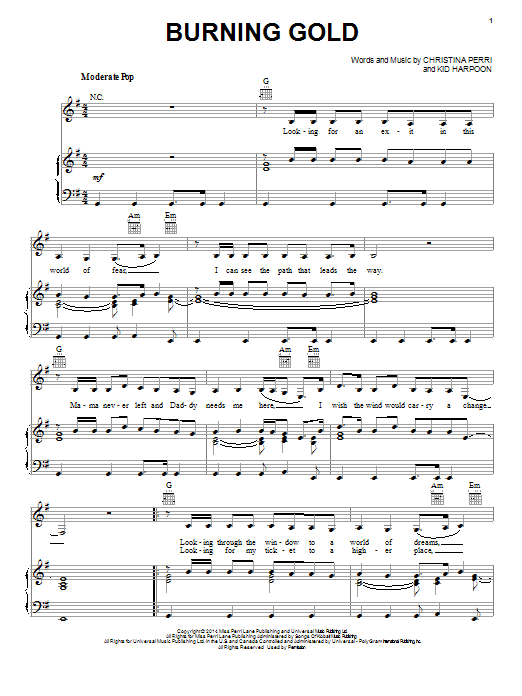 Christina Perri Burning Gold Sheet Music Notes & Chords for Piano, Vocal & Guitar (Right-Hand Melody) - Download or Print PDF
