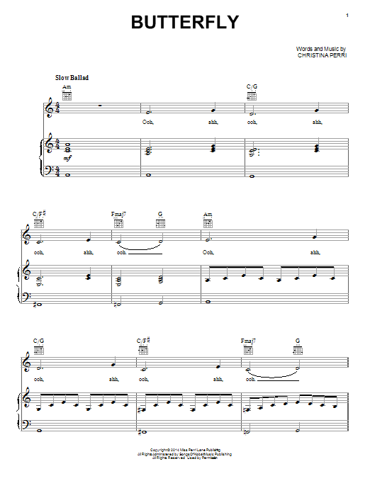 Christina Perri Butterfly Sheet Music Notes & Chords for Piano, Vocal & Guitar (Right-Hand Melody) - Download or Print PDF