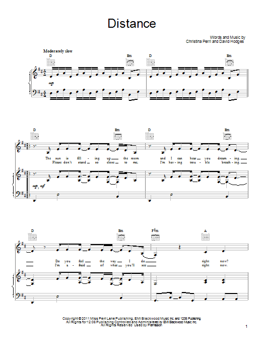 Christina Perri Distance Sheet Music Notes & Chords for Piano, Vocal & Guitar (Right-Hand Melody) - Download or Print PDF