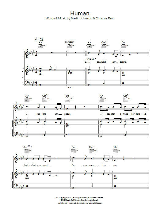Christina Perri Human Sheet Music Notes & Chords for Piano, Vocal & Guitar (Right-Hand Melody) - Download or Print PDF