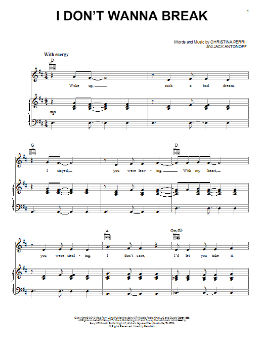 Christina Perri I Don't Wanna Break Sheet Music Notes & Chords for Piano, Vocal & Guitar (Right-Hand Melody) - Download or Print PDF