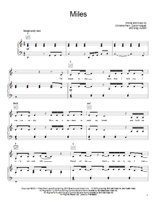 Christina Perri Miles Sheet Music Notes & Chords for Piano, Vocal & Guitar (Right-Hand Melody) - Download or Print PDF