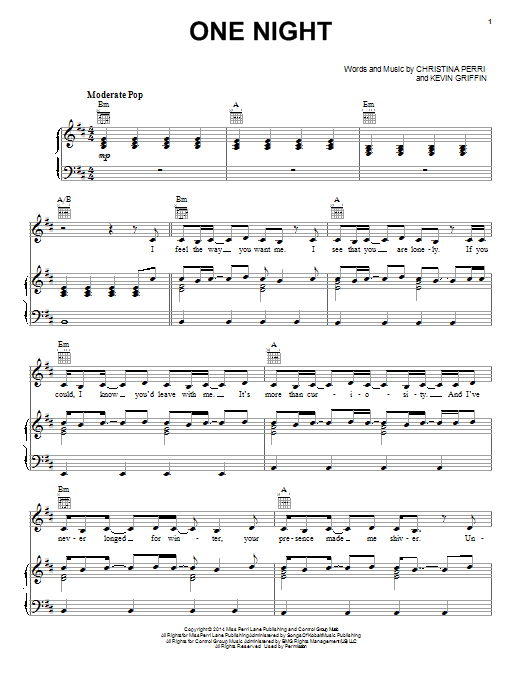 Christina Perri One Night Sheet Music Notes & Chords for Piano, Vocal & Guitar (Right-Hand Melody) - Download or Print PDF
