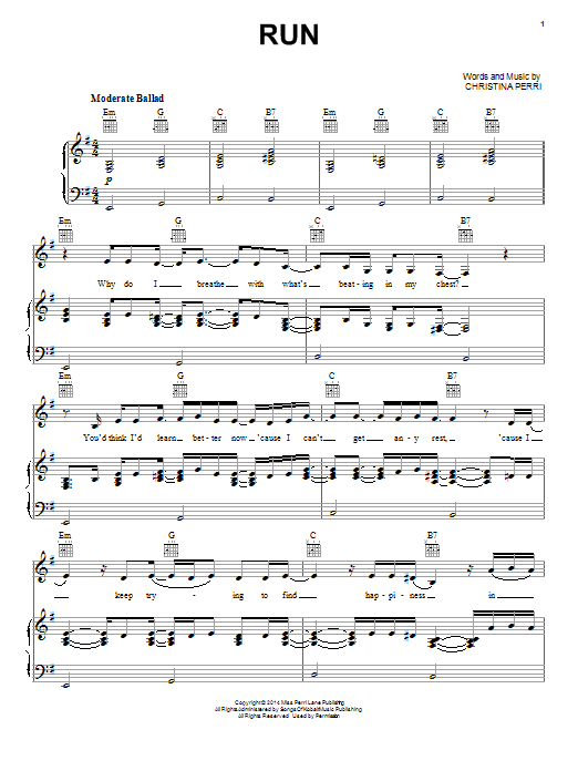 Christina Perri Run Sheet Music Notes & Chords for Piano, Vocal & Guitar (Right-Hand Melody) - Download or Print PDF