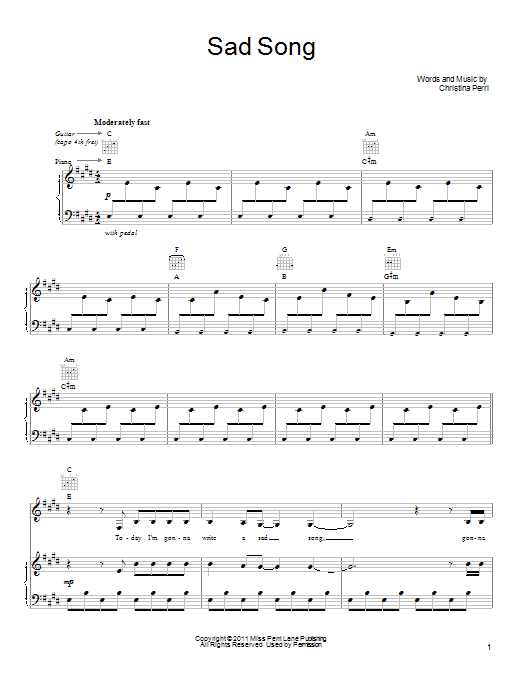 Christina Perri Sad Song Sheet Music Notes & Chords for Piano, Vocal & Guitar (Right-Hand Melody) - Download or Print PDF