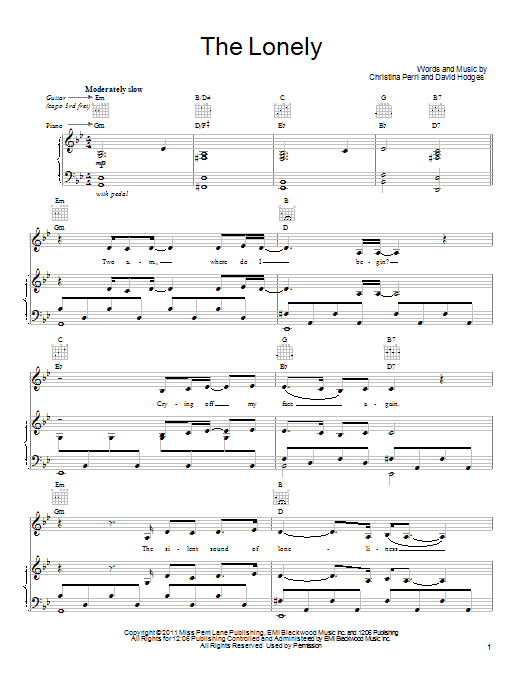 Christina Perri The Lonely Sheet Music Notes & Chords for Piano, Vocal & Guitar (Right-Hand Melody) - Download or Print PDF