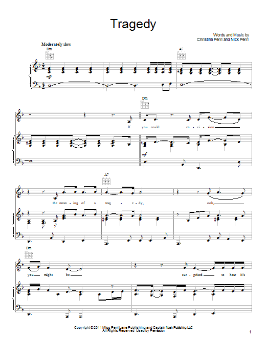 Christina Perri Tragedy Sheet Music Notes & Chords for Piano, Vocal & Guitar (Right-Hand Melody) - Download or Print PDF