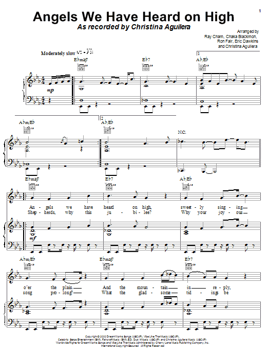 Preview Christina Aguilera Angels We Have Heard On High Pop sheet music, notes and chords for Piano, Vocal & Guitar (Right-Hand Melody), SKU: 23990 sheet music, piano notes, chords, guitar tabs, score, transpose, transcribe, how to play, guide, download, learn, tutorial, progression, song, artist, awards, billboard, mtv, vh1, tour, single, album, release
