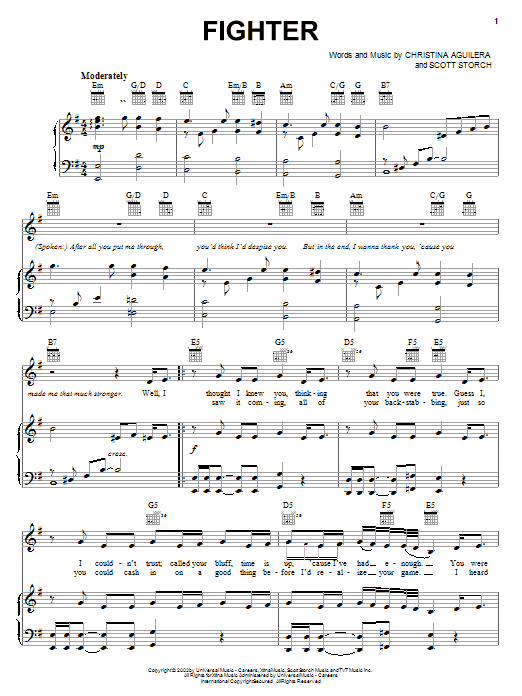 Preview Christina Aguilera Fighter Pop sheet music, notes and chords for Guitar Chords/Lyrics, SKU: 357383 Fighter sheet music
