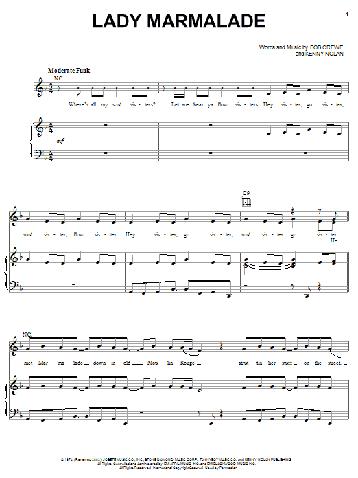 Preview Christina Aguilera Lady Marmalade Pop sheet music, notes and chords for Piano, Vocal & Guitar (Right-Hand Melody), SKU: 18020 Lady Marmalade sheet music
